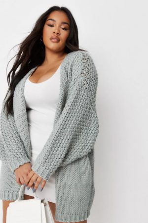 Re-cycled Plus Size Green Hand-Knit Long Length Cardigan