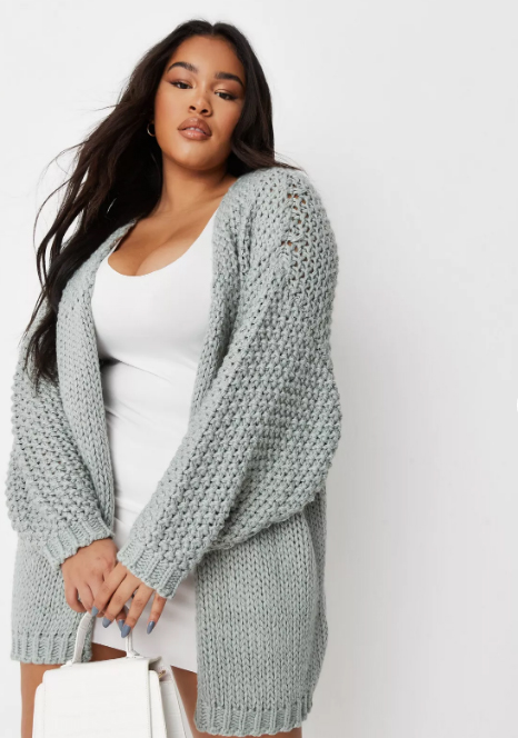 Re-cycled Plus Size Green Hand-Knit Long Length Cardigan