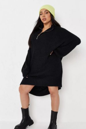 Plus Size Black Half-Zip Fluffy Knit Jumper Dress