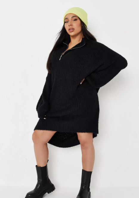 Plus Size Black Half-Zip Fluffy Knit Jumper Dress