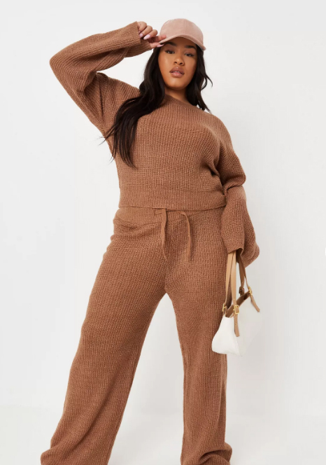 Re-cycled Plus Size Mocha Co-ord Wide Leg Knit Trousers