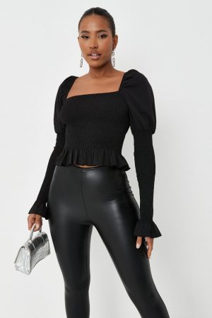 black shirred square neck puff sleeve top