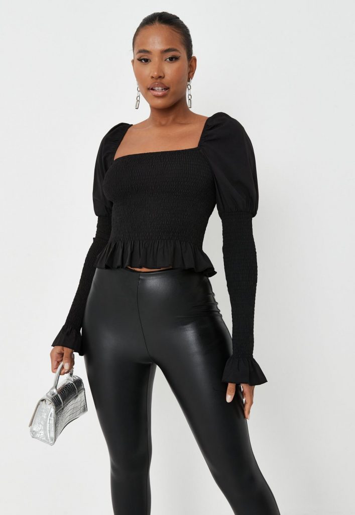 black shirred square neck puff sleeve top