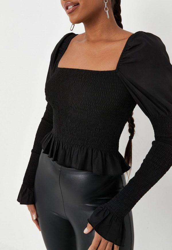 black shirred square neck puff sleeve top